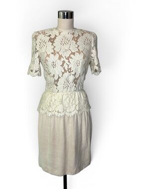 Fine Feathers Vintage Ivory Cotton Lace Bodice Dress with‎ Peplum Skirt SM